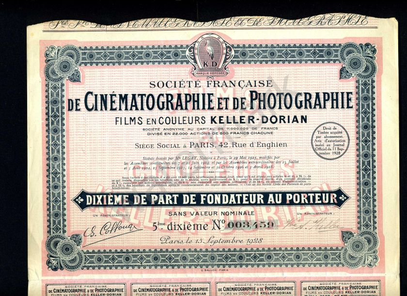 1928 French Co stock certificate Cinematographie Photo  