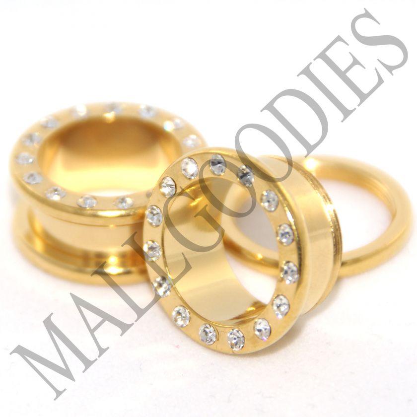 0396 Screw on Gold CZ Tunnels 5/8 Inch Ear Plugs 16mm  