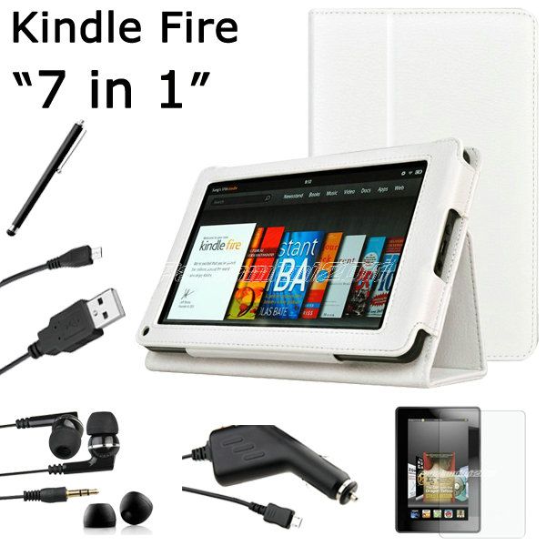 Kindle Fire PU leather Case Cover/Car Charger/USB Cable/Stylus/Ea 