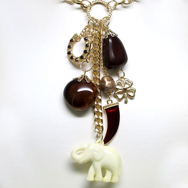 BROWN ELEPHANT HORSESHOE HORN NECKLACE SET S1143  