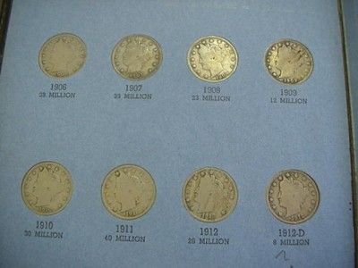 1883 1912 LIBERTY V NICKEL SET ONLY MISSING 3 COINS *1885, 1886, 1912 