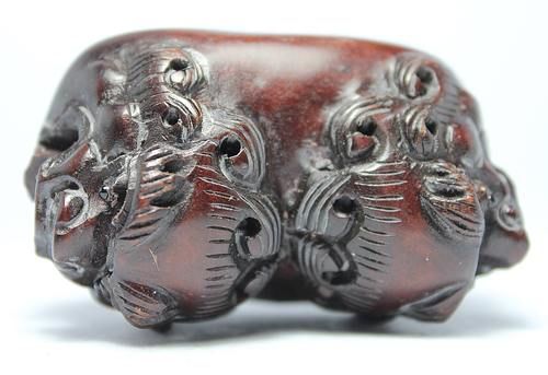 ORIENTAL OLD WOOD HANDWORK CARVING TWINS KIRIN NETSUKE ★★★★★