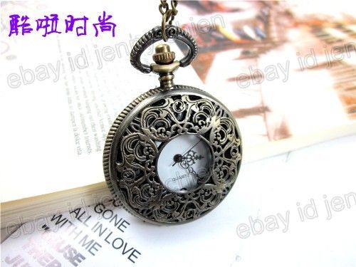 Vintage Big Carved Pattern Pocket Watch Necklace HB45  