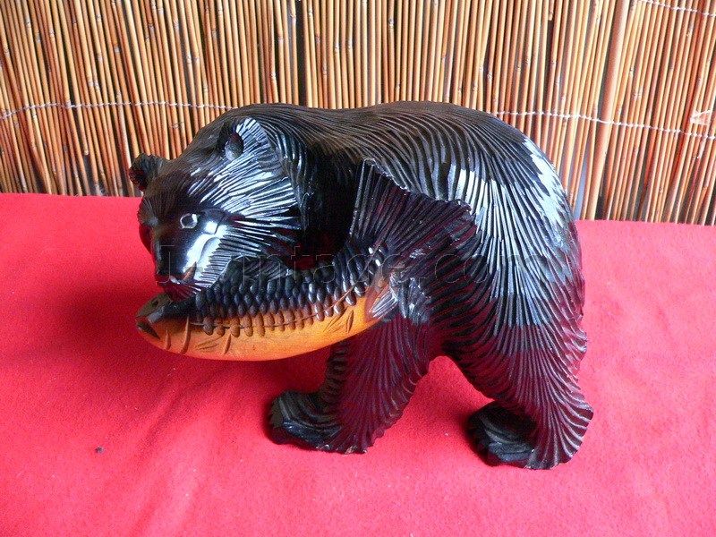 24cm BEAR Wood Japanese AINU KUMA Carved SALMON  