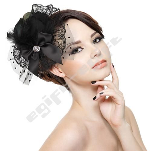 Feather Bow Hair Clip Lace Black Mini Top Hat Fascinator Burlesque 