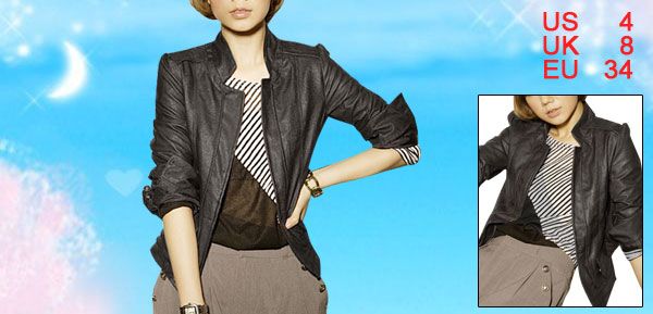 Women Stand Collar Hook Closure Front Faux Leather Coat Jacket  