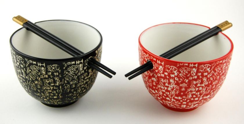 CERAMIC BOWL CHOPSTICKS SET 2 pc Rice Noodle Dish Gift  