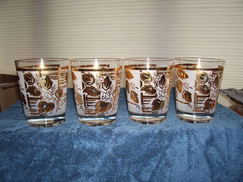 Four (4) Bar Glass * GOLD WHITE FROSTED LEAF * Vintage  