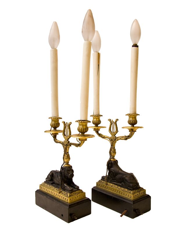 Pair French Empire Style Candelabra Lamps with Lions  