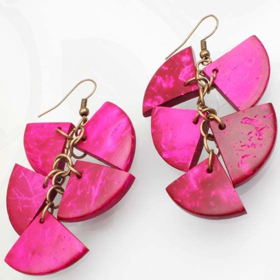 60mm Fuchsia Coconut Shell Triangle Beads Hoop Earrings  