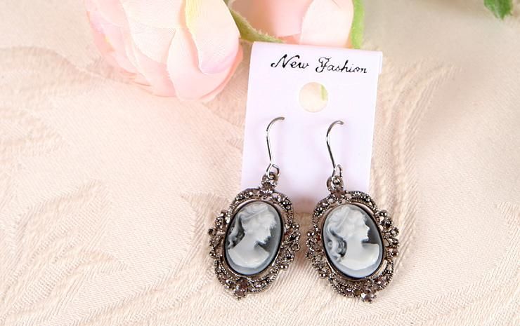 CAMEO Earrings Vintage antique Style Crystal Hoop, Grey  