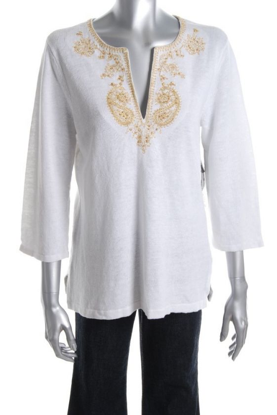 NEW WOMEN RALPH LAUREN LINEN WHITE TOP M 1X GOLD $180  