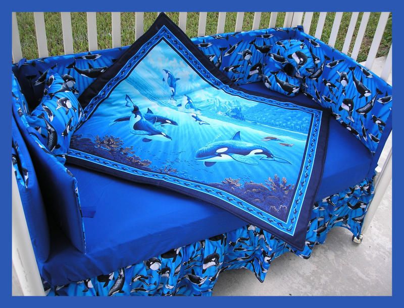 NEW baby crib bedding set ORCA WHALE OCEAN blue fabric  