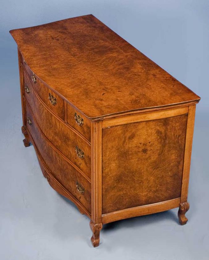 French Antique Burl Walnut Serpentine Chest of Drawers  