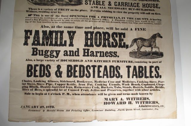 1870 LANCASTER,PA SALE BROADSIDE HOUSE, FARM, HORSE,ETC  