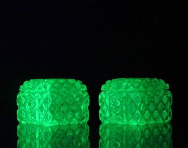 Art Deco Sowerby Green Uranium Pressed glass Diamond Point & Hobstar 