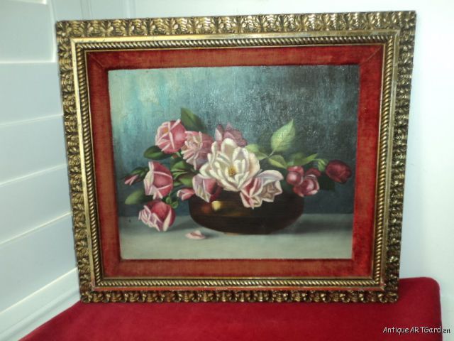 ANTIQUE Victorian Sunday Art Pink & White ROSES FRAMED  