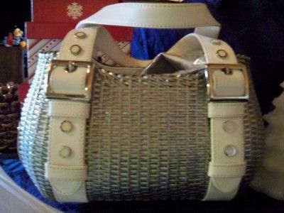 Maxx New York Rattan Silver Hand Bag White Leather Trim  