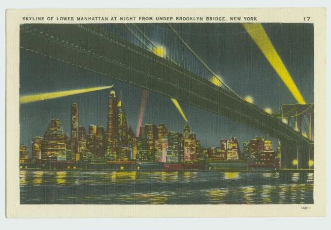   SKYLINE LOWER MANHATTAN @ NITE NEW YORK CITY NY POSTCARD 1945  