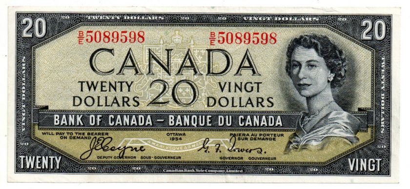 1954 DEVILS FACE Bank of Canada $20 Bank Note B/E5089598 Coyne Towers