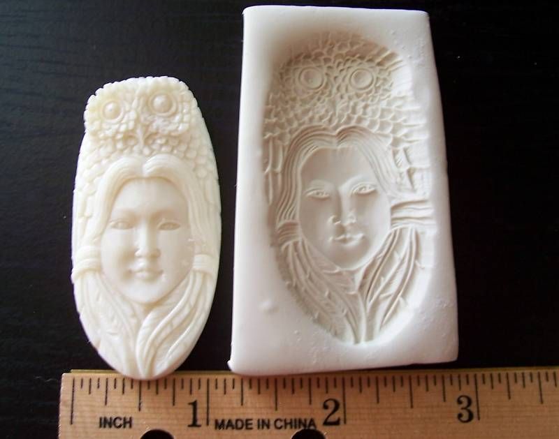   Feathers Goddess Hard Polymer Clay Mold Face Spirit Totem 2 3/8 High