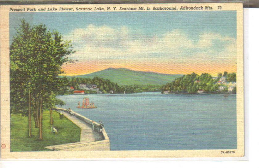 Prescott Park Lake Flower Saranac Lake NY postcard  