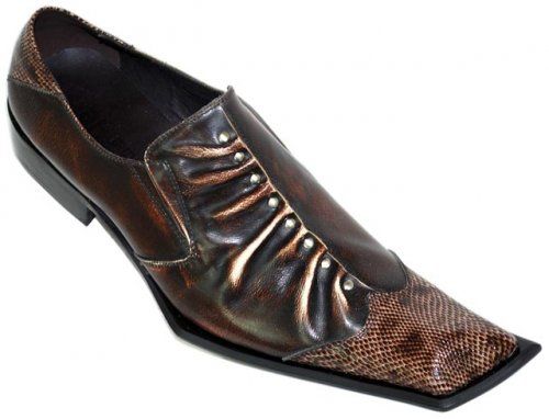   Brown Pleated With Metal Studs Diagonal Toe Snake Print Shoes G304 10