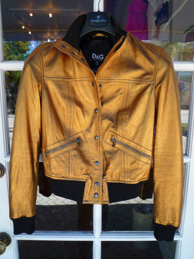 Dolce & Gabbana D&G Gold Leather Bomber Jacket Size Medium  