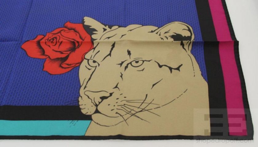 Krizia Blue Fuchsia & Black Silk Large Lion Head Scarf  