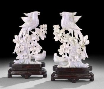   QUALITY PR CARVED LAVENDER JADEITE JADE BIRD FIGURES ON BASES  