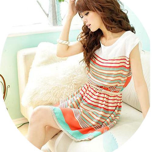   Stripes Party Mini Dress Clubwear Free Bowknot Belt Womens Dresses O