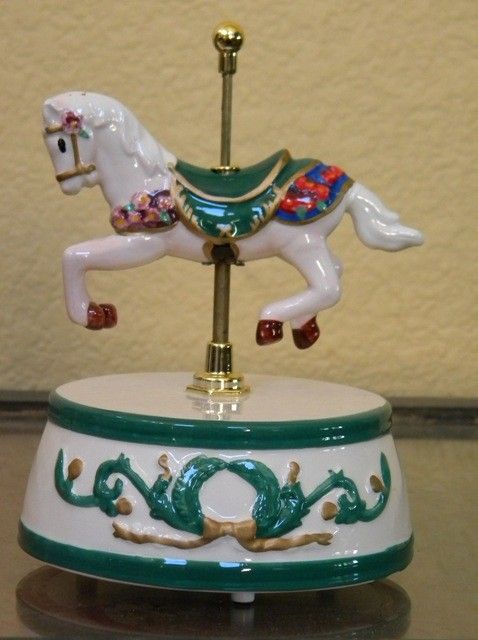 New Mr. Christmas Green Musical Carousel Horse Animated Porcelian 