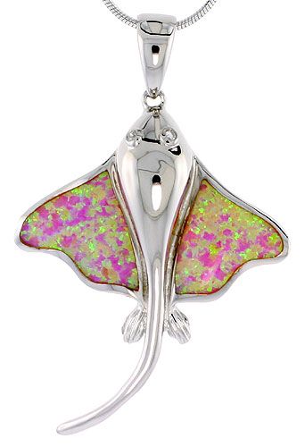 Sterling Silver Stingray Pendant, Inlaid w/ Pink Lab Opal with CZ, 1 5 