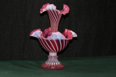 2pc Epergne Cranberry Glass Spiral Optic Opalescent Horn Signed WC 