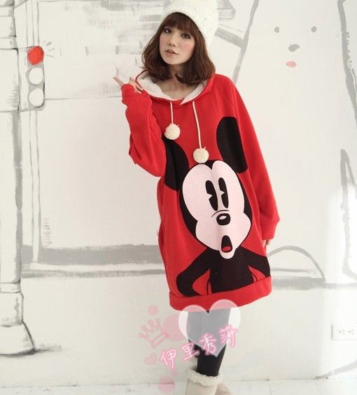 New Women Cartoon Mickey Mouse Hoodie Long Top Outerwear ZGX73RED 