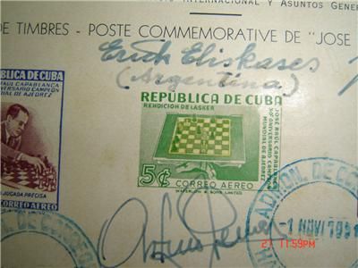 CUBA CHESS,CAPABLANCA, EDWARD LASKER STAMPS, SEVERAL AUTOGRAPHS