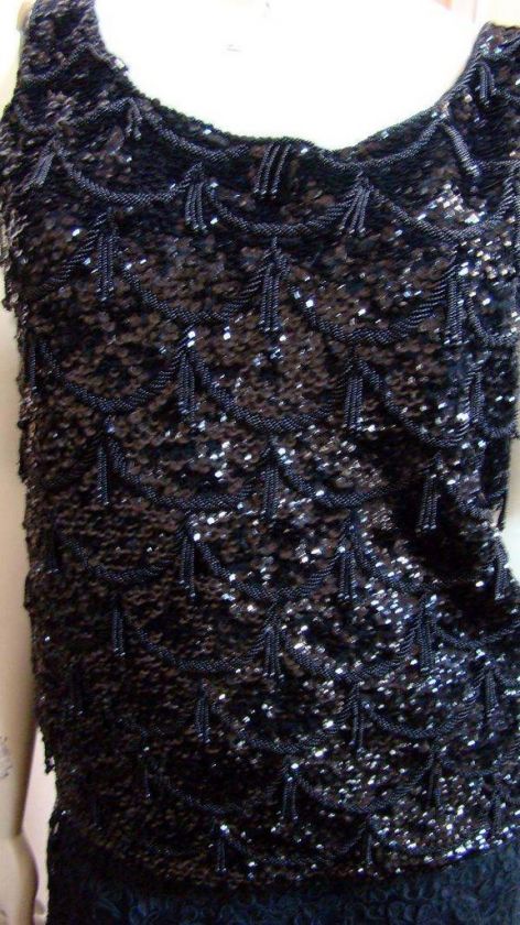 Vintage 1960s Black Sequin Sweater Faux Pearl Roping  