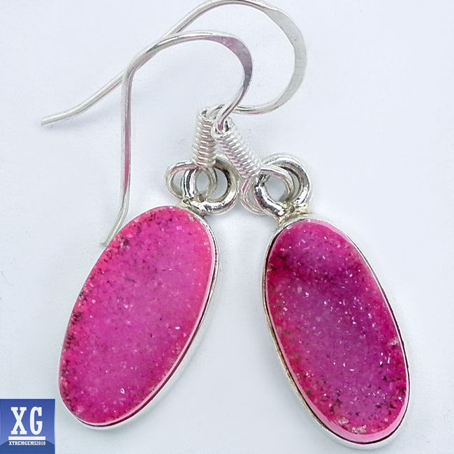 SE14185 PINK AGATE DRUZY 925 STERLING SILVER EARRINGS JEWELRY  