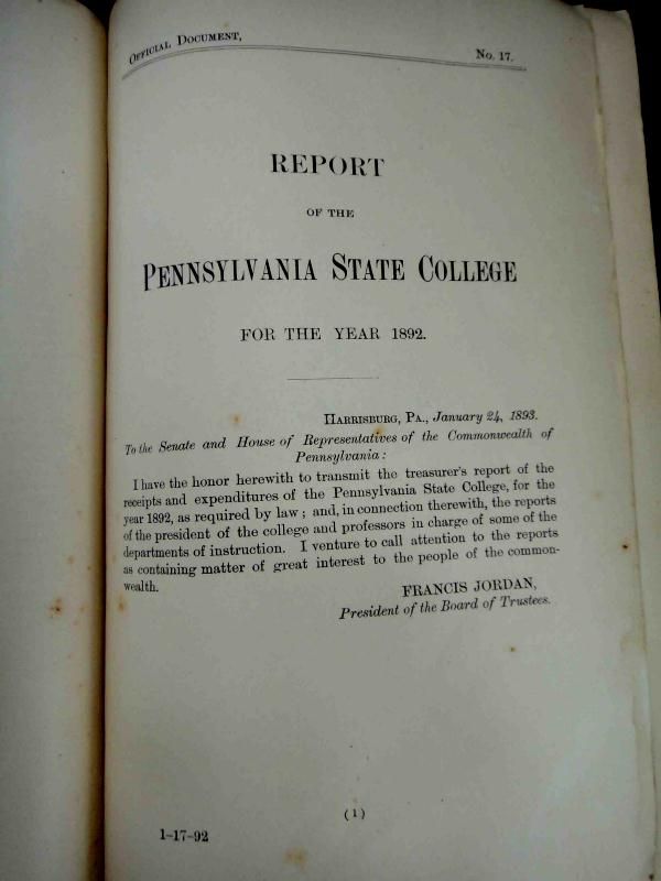 1892 antique PENN STATE COLLEGE ANNUAL REPORT ag exper  