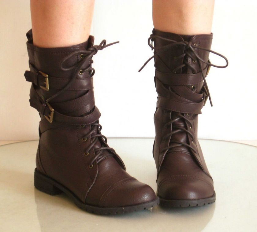 New Womens Mid Calf Gladiator Military Combat Boots  