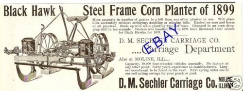 NEAT 1899 BLACK HAWK CORN PLANTER AD SECHLER MOLINE IL  