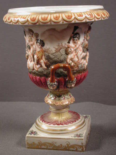 Antique 8 Capo di monte Urn Vase, Dancing Putti & Satyr Handles 