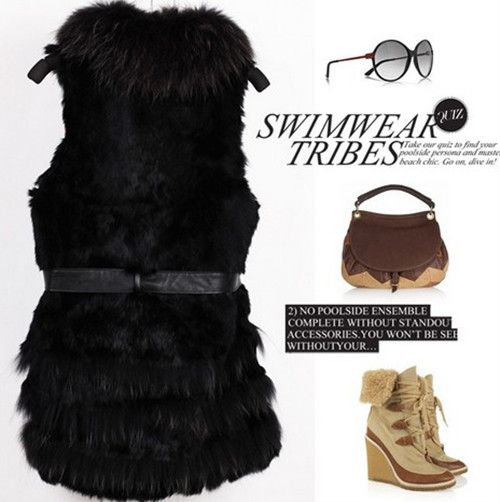 Womens Vest 100% Real Fox Fur Collar Rabbit Fur Vest Long Warm Coat S 