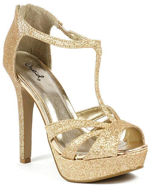 Champagne Gold Glitter T Strap Peep Toe Platform Sandal  