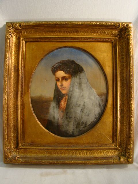   19thC Victorian LADY Old PORTRAIT PAINTING Early GESSO Frame  