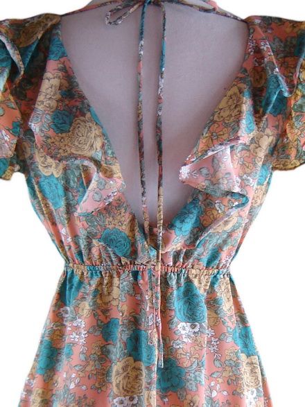 70s Style PEACH FLORAL BOHO Flutter Slv Tie Back Sun Dress  