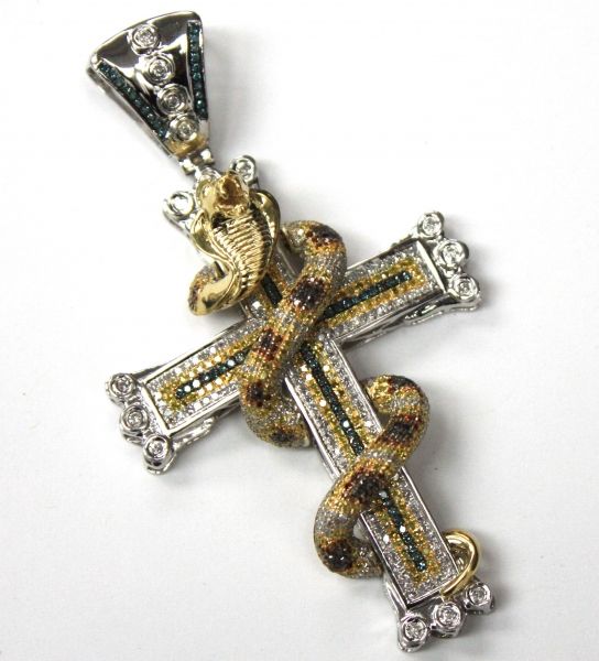 10KT GOLD MENS HIP HOP DIAMOND CHARM SNAKE AROUND THE CROSS PENDANT 2 