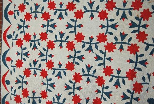 This VIBRANT cotton 1870s red and teal presidents wreath quilt is 