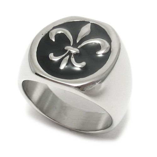 Stainless Steel Royal Embossed Black Enamel Fleur De Lis Band Ring 