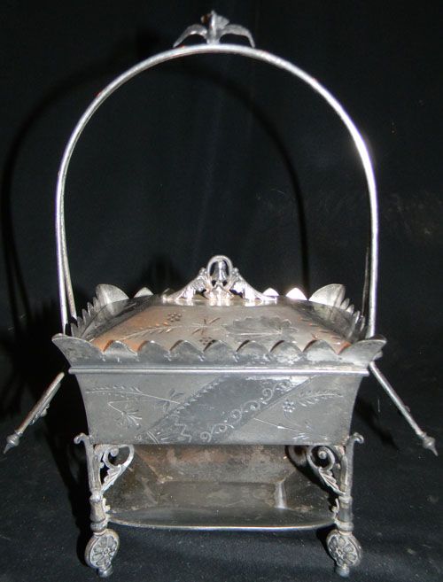 ANTIQUE 1880s SILVER PLATE BASKET JEWELRY BOX W TRAY  